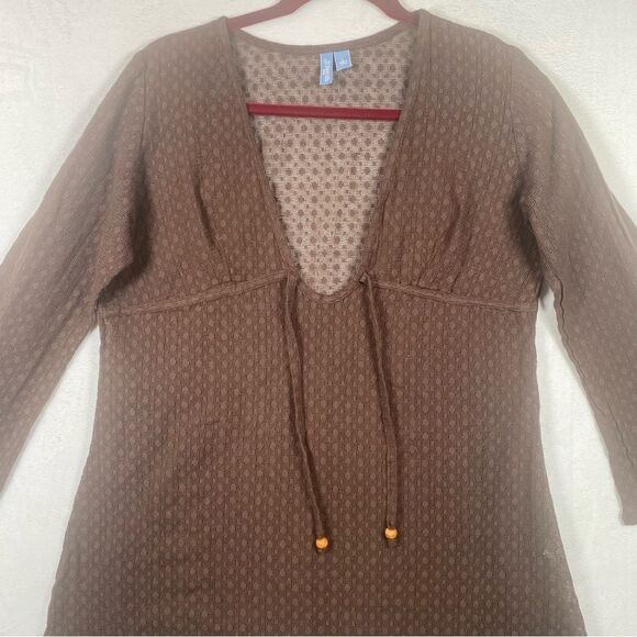 St John's Bay Brown Open Knit V-Neck Swim Cover W/Front Tie Size Large - Picture 6 of 11